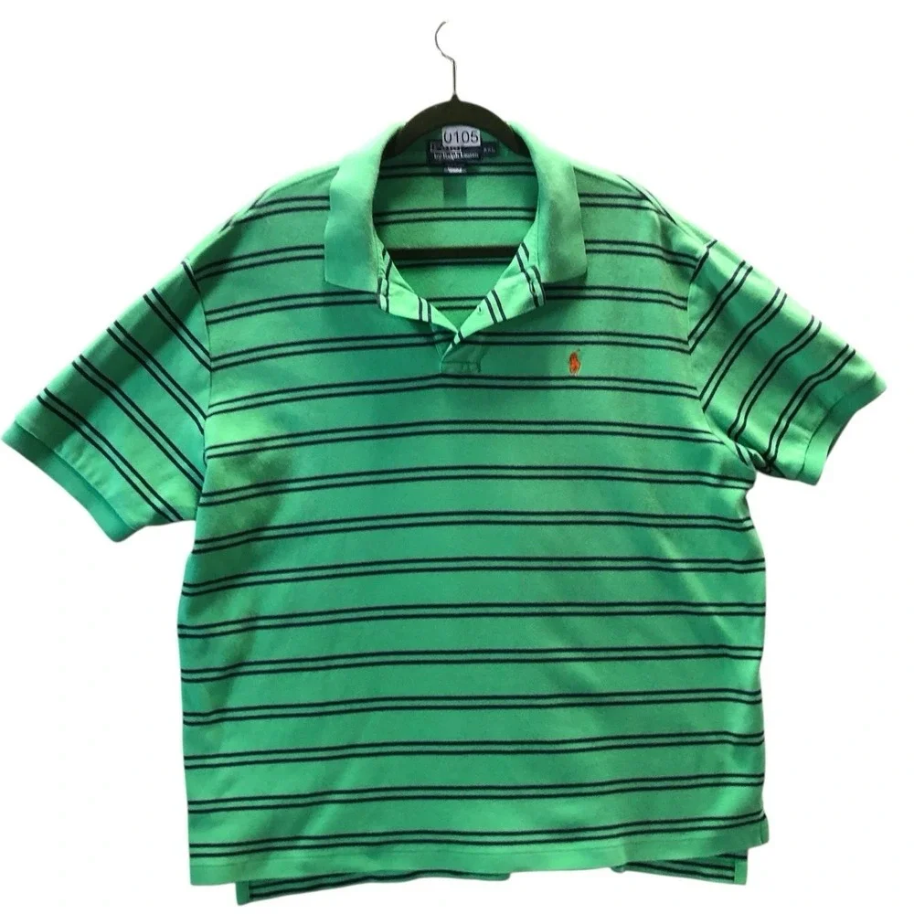 Ralph Lauren Polo Green Stripe Knit 100% Cotton Polo Shirt‎ Short Sleeve 2X Logo
